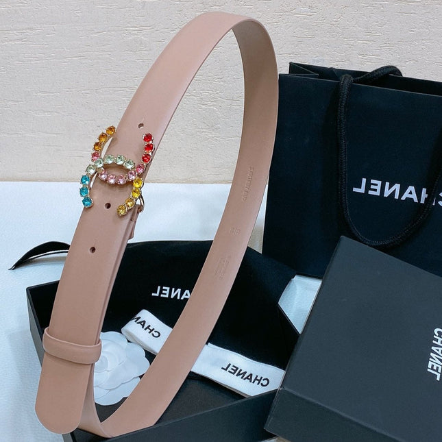 CC BELT 30 MM IN PEACHY PINK CALFSKIN WITH COLORFUL RHINSTONES METAL LOGO