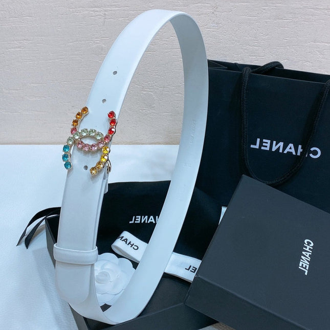 CC BELT 30 MM IN WHITE CALFSKIN WITH COLORFUL RHINSTONES METAL LOGO