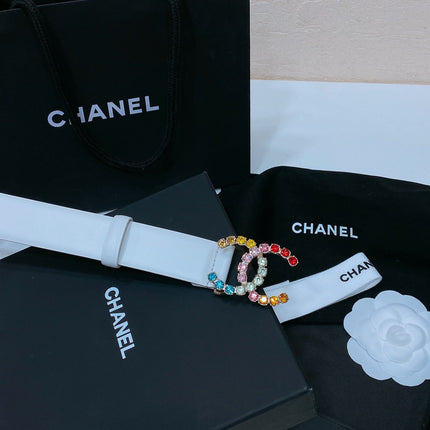 CC BELT 30 MM IN WHITE CALFSKIN WITH COLORFUL RHINSTONES METAL LOGO