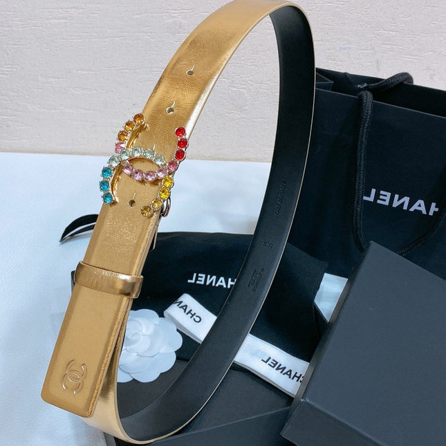 CC BELT 30 MM IN GOLD CALFSKIN WITH COLORFUL RHINSTONES METAL LOGO
