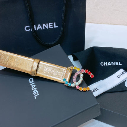 CC BELT 30 MM IN GOLD CALFSKIN WITH COLORFUL RHINSTONES METAL LOGO