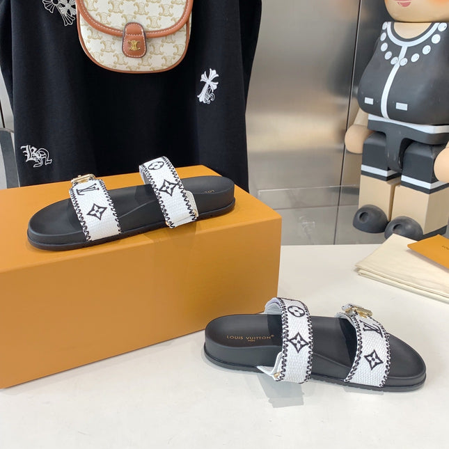 LV WOMEN SUNSET DAD SANDAL IN WHITE MIX BLACK MONOGRAM FABRIC MULE