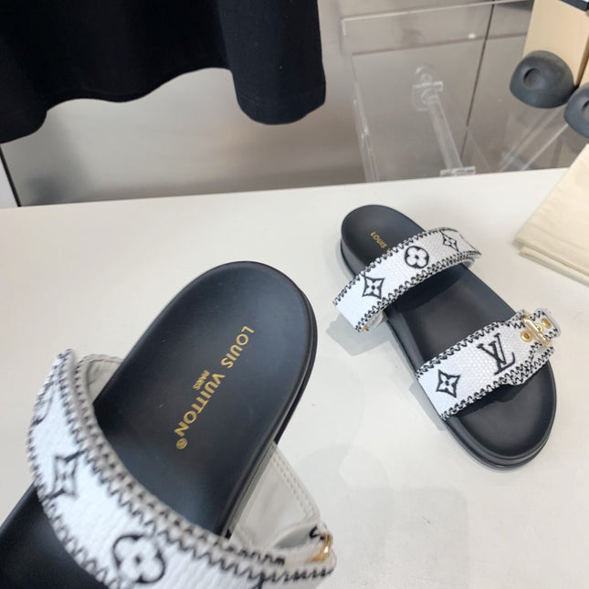 LV WOMEN SUNSET DAD SANDAL IN WHITE MIX BLACK MONOGRAM FABRIC MULE