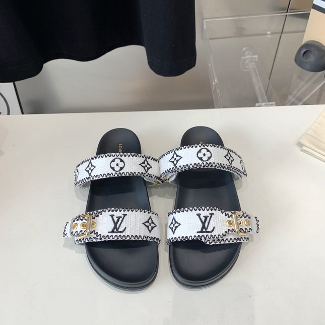 LV WOMEN SUNSET DAD SANDAL IN WHITE MIX BLACK MONOGRAM FABRIC MULE