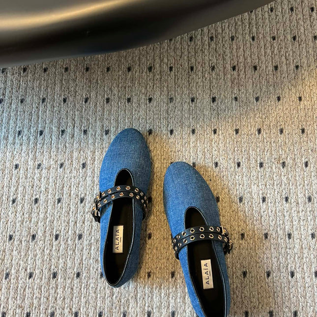 ALAIA MARY JANE SHOES IN CERULEAN BLUE ZP CUSTOM STRAW AND DENIM