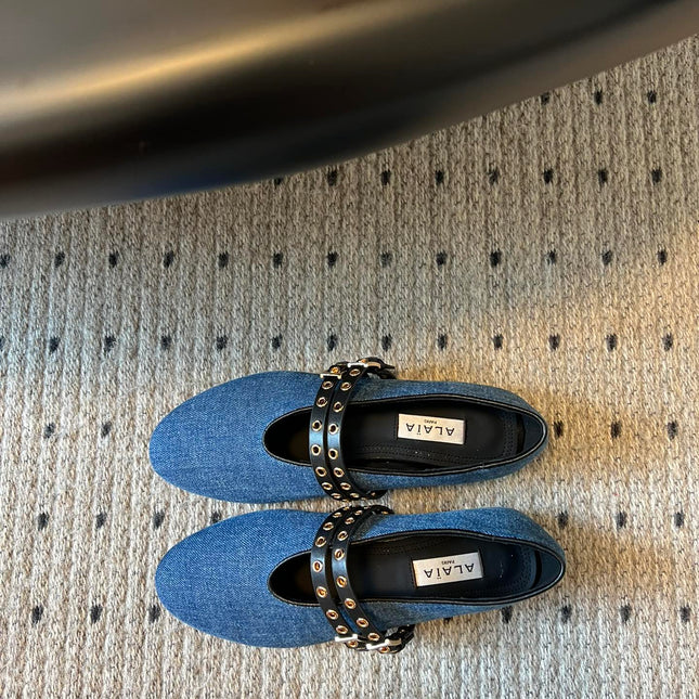 ALAIA MARY JANE SHOES IN CERULEAN BLUE ZP CUSTOM STRAW AND DENIM