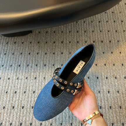 ALAIA MARY JANE SHOES IN CERULEAN BLUE ZP CUSTOM STRAW AND DENIM