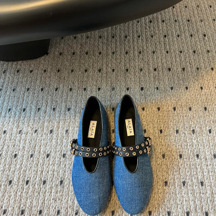 ALAIA MARY JANE SHOES IN CERULEAN BLUE ZP CUSTOM STRAW AND DENIM