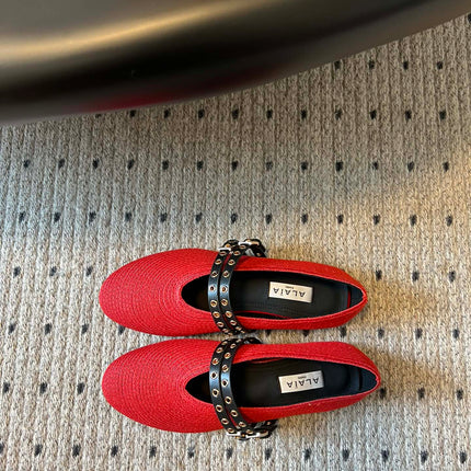 ALAIA MARY JANE SHOES IN CHERRY RED ZP CUSTOM STRAW AND DENIM