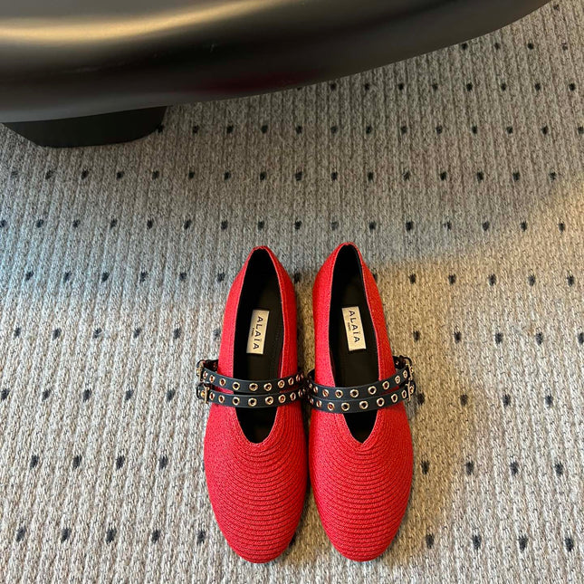 ALAIA MARY JANE SHOES IN CHERRY RED ZP CUSTOM STRAW AND DENIM