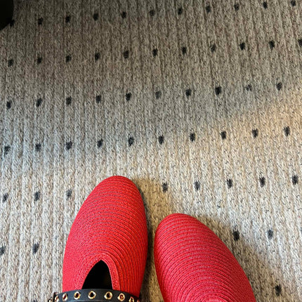 ALAIA MARY JANE SHOES IN CHERRY RED ZP CUSTOM STRAW AND DENIM