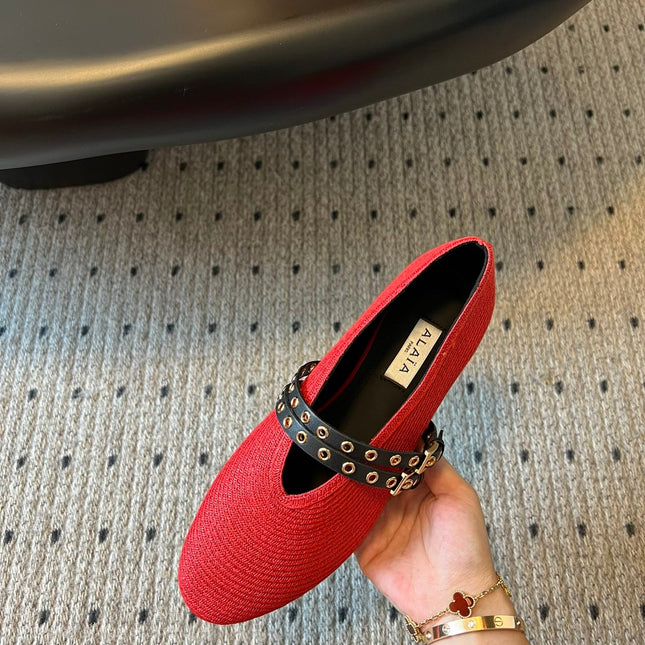 ALAIA MARY JANE SHOES IN CHERRY RED ZP CUSTOM STRAW AND DENIM