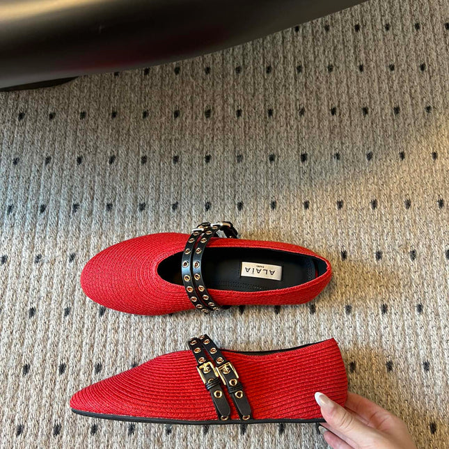 ALAIA MARY JANE SHOES IN CHERRY RED ZP CUSTOM STRAW AND DENIM