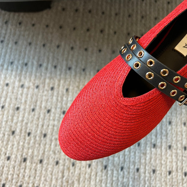 ALAIA MARY JANE SHOES IN CHERRY RED ZP CUSTOM STRAW AND DENIM