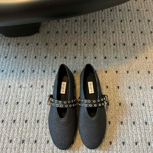 ALAIA MARY JANE SHOES IN BLACK ZP CUSTOM STRAW AND DENIM