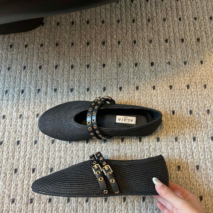 ALAIA MARY JANE SHOES IN BLACK ZP CUSTOM STRAW AND DENIM