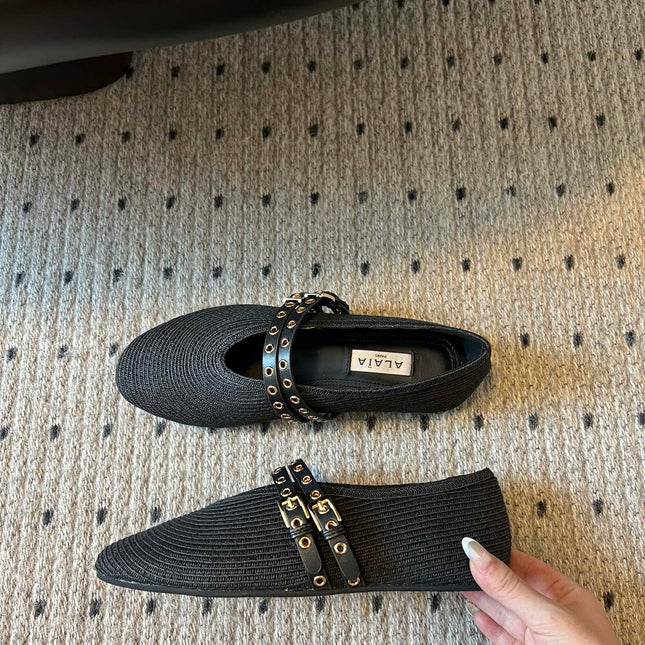 ALAIA MARY JANE SHOES IN BLACK ZP CUSTOM STRAW AND DENIM