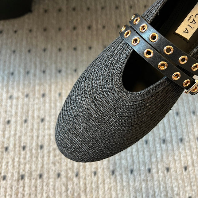 ALAIA MARY JANE SHOES IN BLACK ZP CUSTOM STRAW AND DENIM