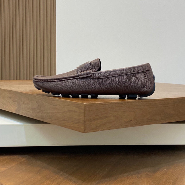 LV LOAFER IN CHOCOLATE BROWN WRINKLE CALFSKIN WITH SILVER LOGO
