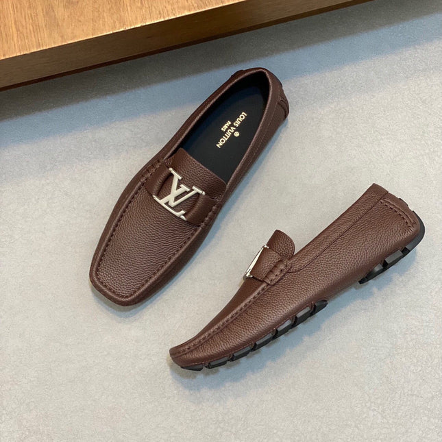 LV LOAFER IN CHOCOLATE BROWN WRINKLE CALFSKIN WITH SILVER LOGO