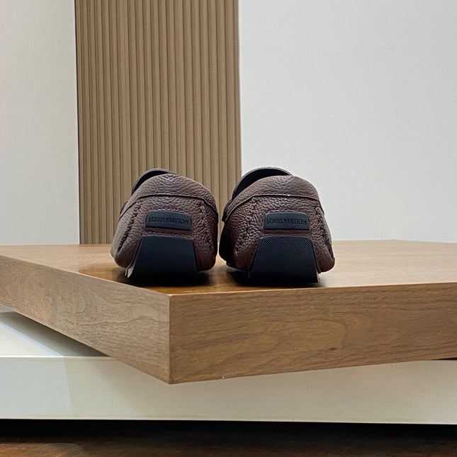 LV LOAFER IN CHOCOLATE BROWN WRINKLE CALFSKIN WITH SILVER LOGO