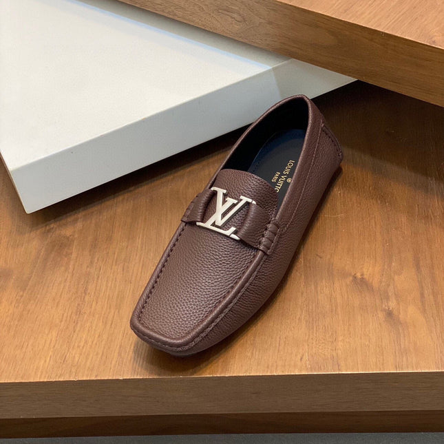 LV LOAFER IN CHOCOLATE BROWN WRINKLE CALFSKIN WITH SILVER LOGO
