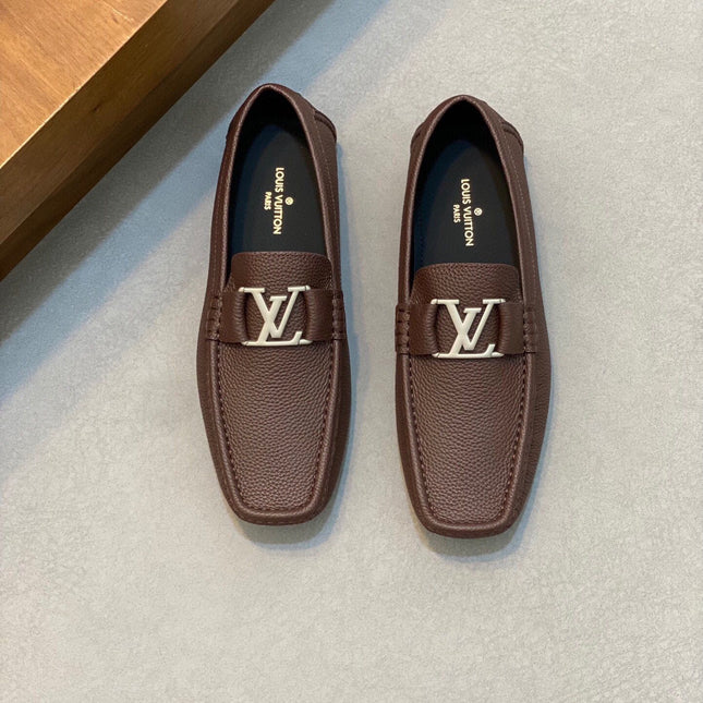 LV LOAFER IN CHOCOLATE BROWN WRINKLE CALFSKIN WITH SILVER LOGO