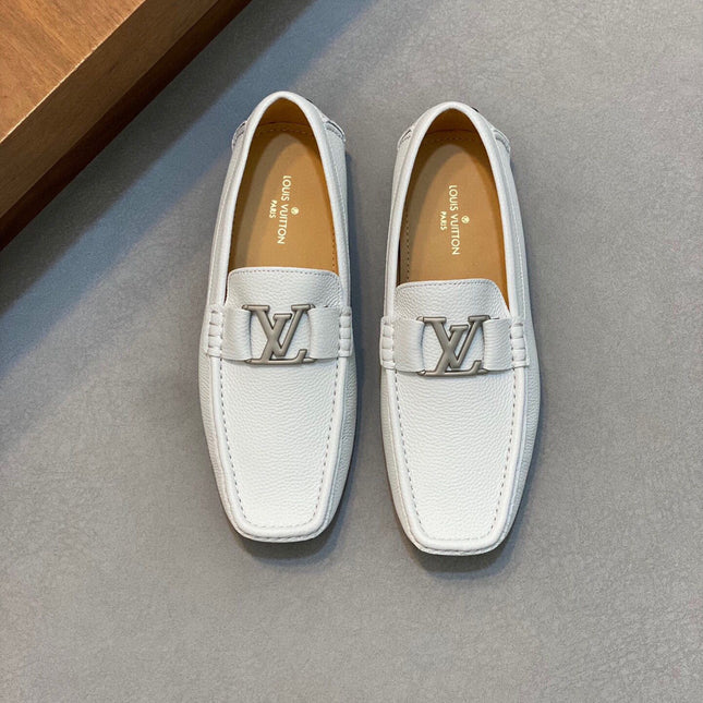 LV LOAFER IN WHITE WRINKLE CALFSKIN WITH SILVER LOGO