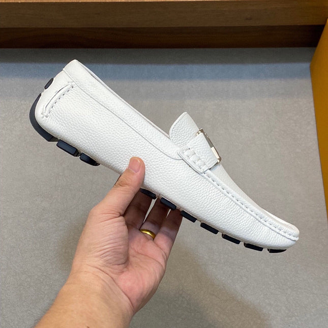 LV LOAFER IN WHITE WRINKLE CALFSKIN WITH SILVER LOGO
