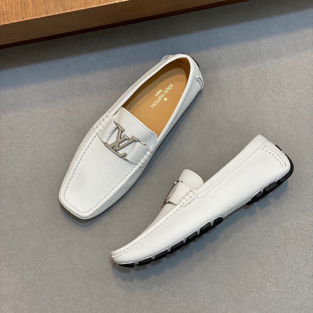 LV LOAFER IN WHITE WRINKLE CALFSKIN WITH SILVER LOGO