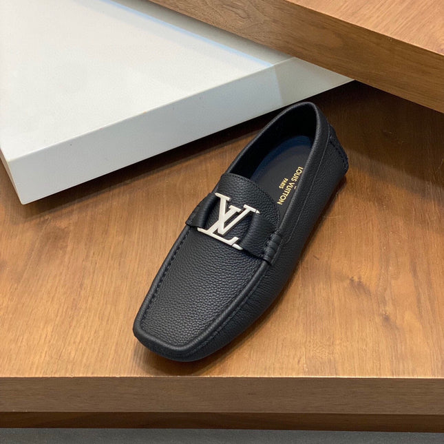 LV LOAFER IN BLACK WRINKLE CALFSKIN WITH SILVER LOGO