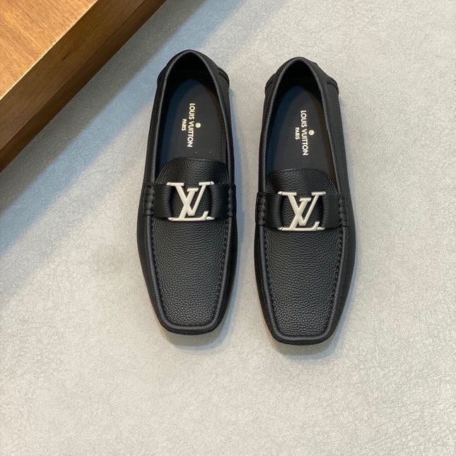 LV LOAFER IN BLACK WRINKLE CALFSKIN WITH SILVER LOGO