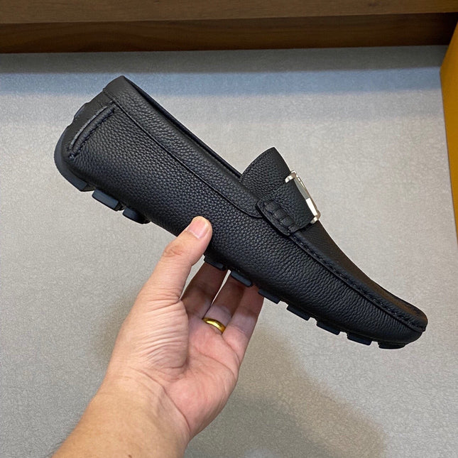 LV LOAFER IN BLACK WRINKLE CALFSKIN WITH SILVER LOGO