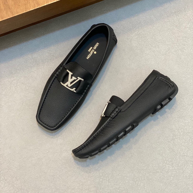 LV LOAFER IN BLACK WRINKLE CALFSKIN WITH SILVER LOGO