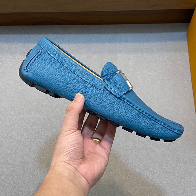 LV LOAFER IN ELECTRIC BLUE WRINKLE CALFSKIN WITH SILVER LOGO