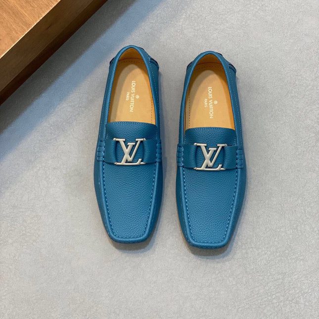 LV LOAFER IN ELECTRIC BLUE WRINKLE CALFSKIN WITH SILVER LOGO