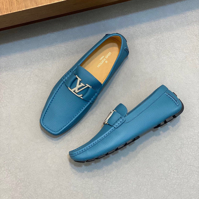 LV LOAFER IN ELECTRIC BLUE WRINKLE CALFSKIN WITH SILVER LOGO
