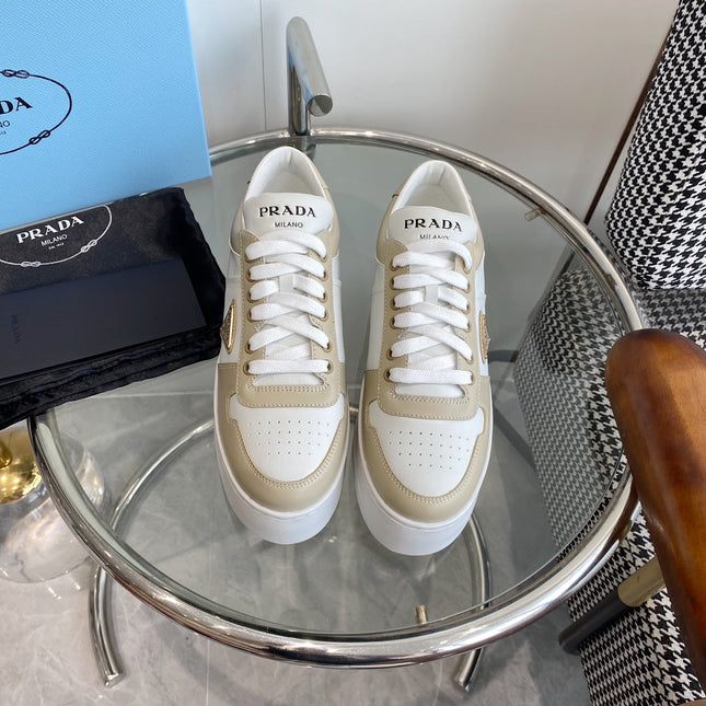 PRA DOWNTOWN THICK-SOLE SNEAKERS WHITE AND BEIGE CALFSKIN