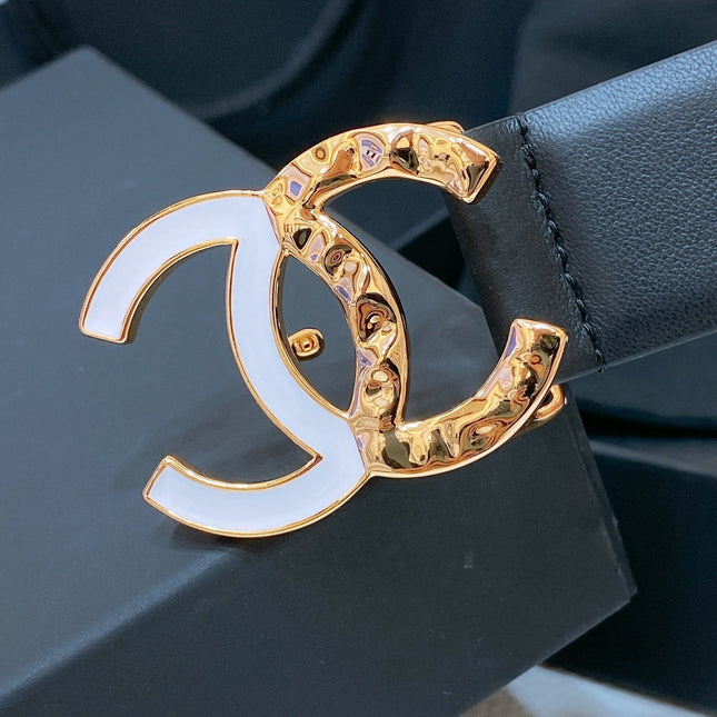 CC BELT 30MM IN BLACK SMOOTH CALFSKIN GOLD MIX WHITE METAL LOGO
