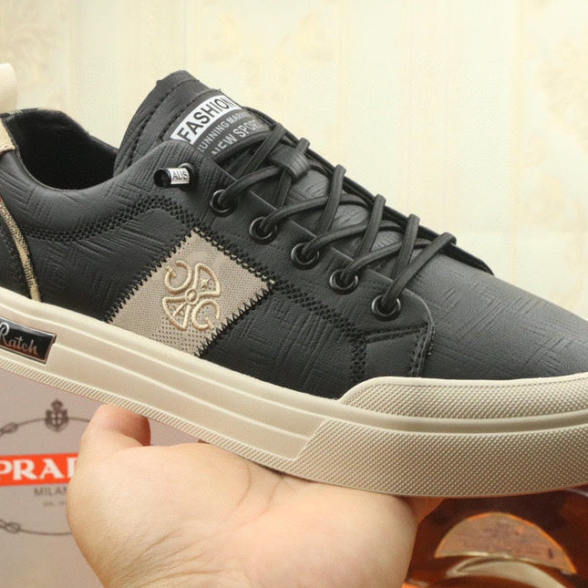 PRA TRAINER IN BLACK CALFSKIN AND TAN EMBROIDERED FABRIC