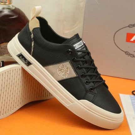 PRA TRAINER IN BLACK CALFSKIN AND TAN EMBROIDERED FABRIC