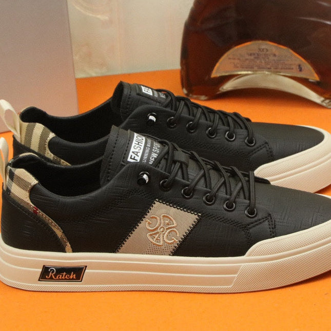PRA TRAINER IN BLACK CALFSKIN AND TAN EMBROIDERED FABRIC