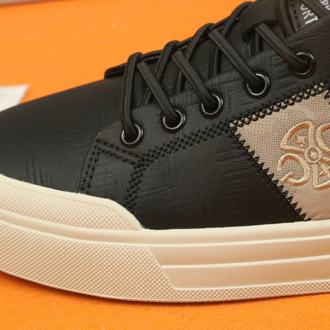 PRA TRAINER IN BLACK CALFSKIN AND TAN EMBROIDERED FABRIC
