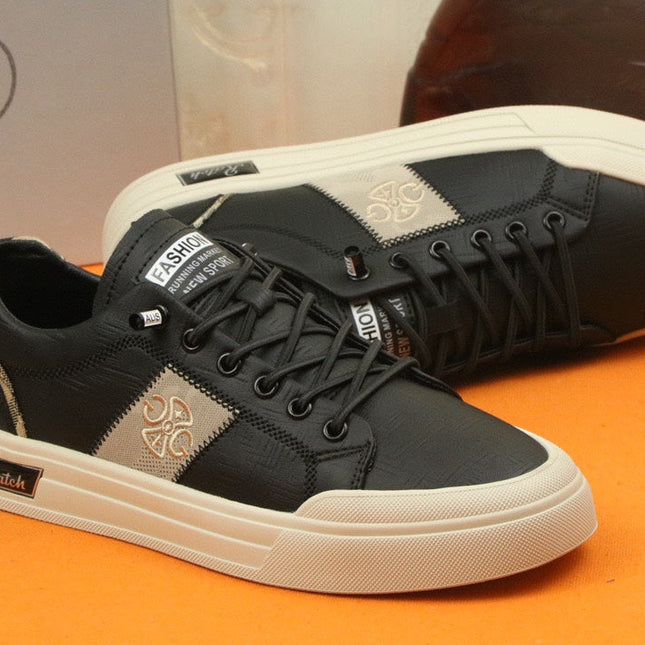 PRA TRAINER IN BLACK CALFSKIN AND TAN EMBROIDERED FABRIC