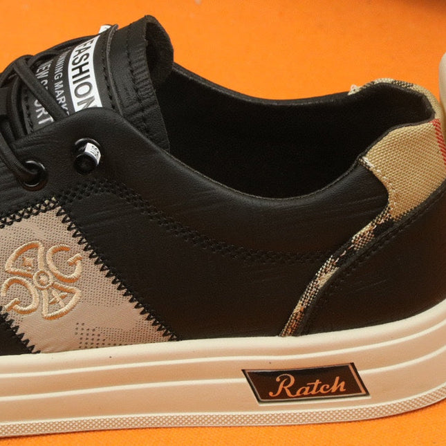 PRA TRAINER IN BLACK CALFSKIN AND TAN EMBROIDERED FABRIC