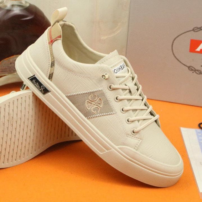 PRA TRAINER IN BEIGE CREAM CALFSKIN AND TAN EMBROIDERED FABRIC
