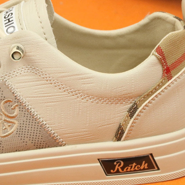 PRA TRAINER IN BEIGE CREAM CALFSKIN AND TAN EMBROIDERED FABRIC