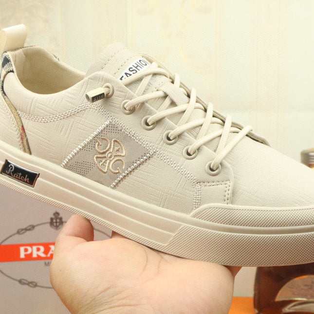 PRA TRAINER IN BEIGE CREAM CALFSKIN AND TAN EMBROIDERED FABRIC