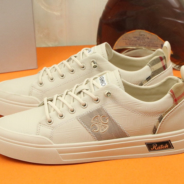 PRA TRAINER IN BEIGE CREAM CALFSKIN AND TAN EMBROIDERED FABRIC