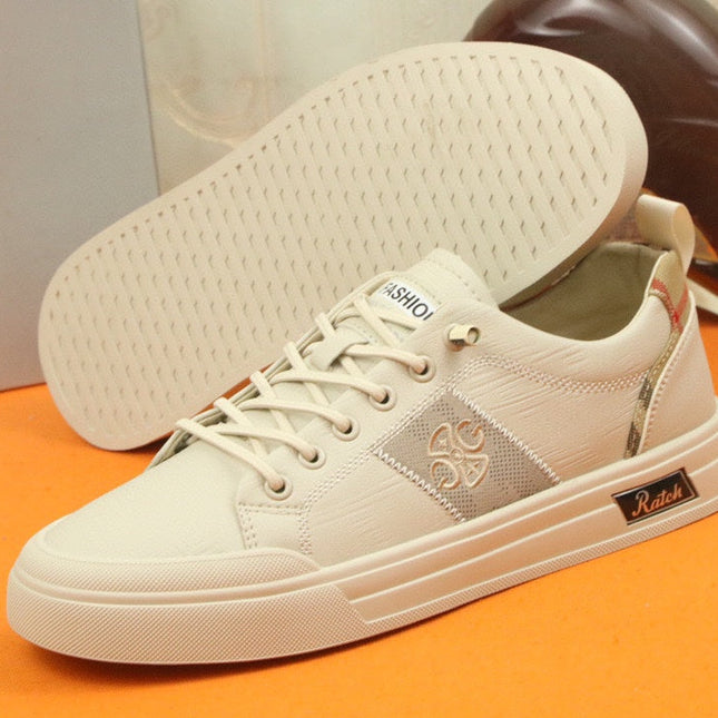 PRA TRAINER IN BEIGE CREAM CALFSKIN AND TAN EMBROIDERED FABRIC
